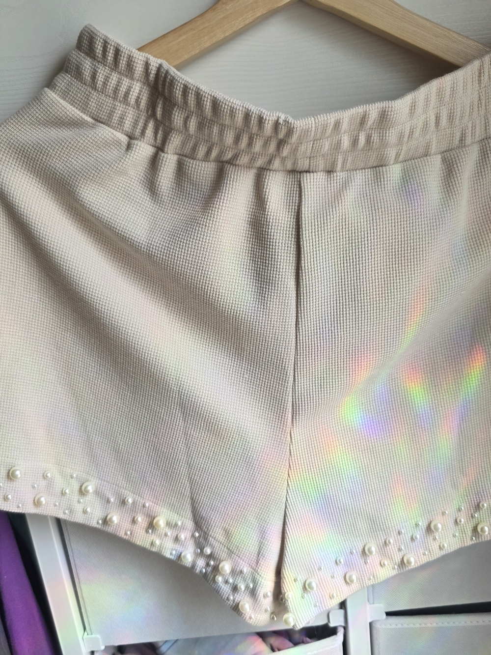 She + Sky Cream High-Waist Shorts with Pearl Trim